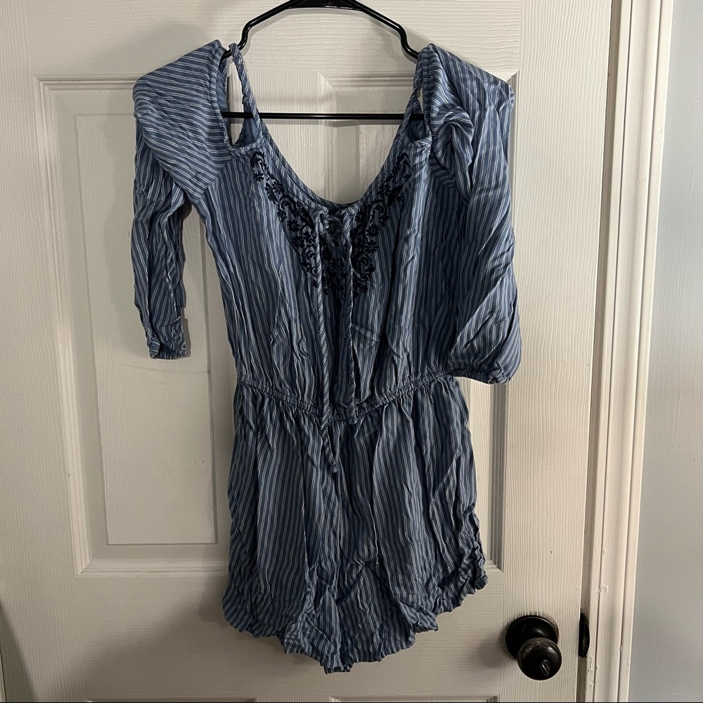 Hollister blue and white stripe embroidered cute summer romper